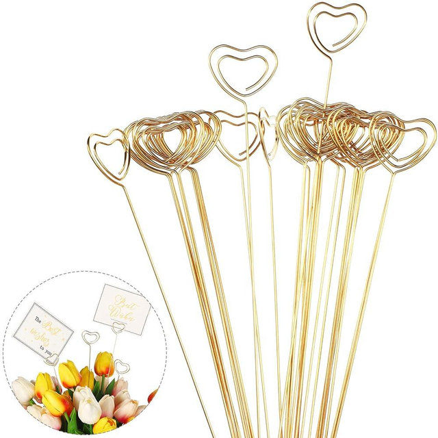 30 Pcs Metal Wire Floral Place Card Holder Pick 12 Inch Gold Photo Clip Card Heart Shape Table Memo Cake Topper for Wedding Birthday Baby Shower Party Favor