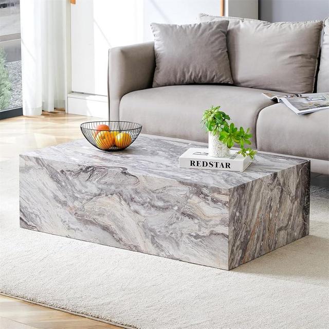 Coffee Table Living Room Table - Modern Faux Marble Design with Wood Accents in Grey