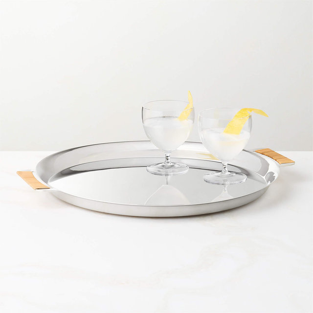 Savoy Polished Stainless Steel and Rattan Round Cocktail Tray