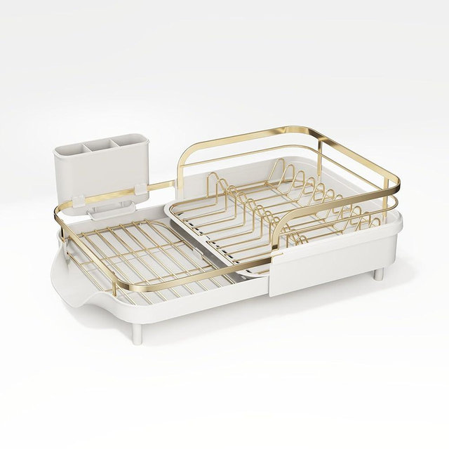 SNTD Dish Drying Rack, Expandable Dish Rack for Kitchen Counter, Stainless Steel Dish Drainer with Drainboard Set and Utensil Holder (Gold)