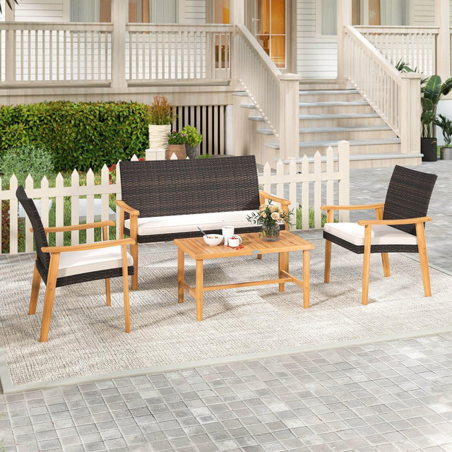 Costway 4 PCS Patio Furniture Set with Acacia Wood Coffee Table & Soft Cushions for Garden
