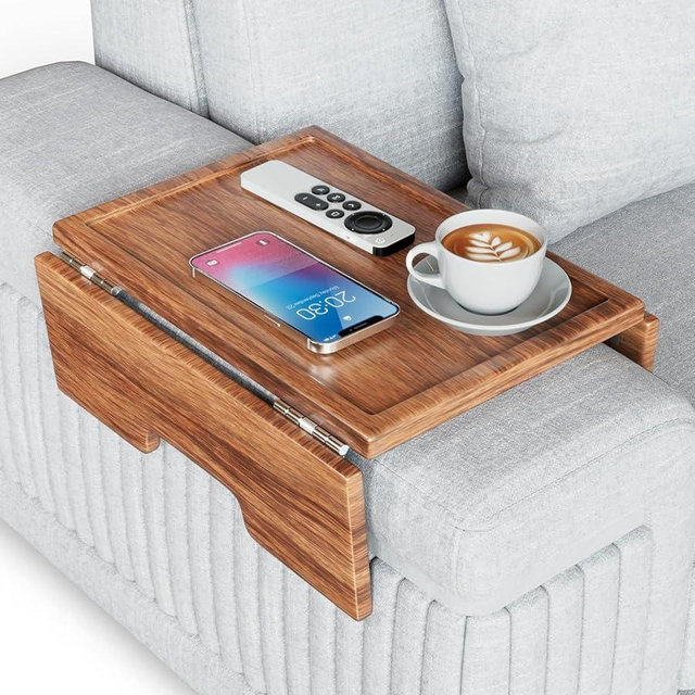 Sofa Armrest Tray – Acacia | Couch Arm Table - Clip-On Couch Desk Sofa Arm Tray - Dark Honey