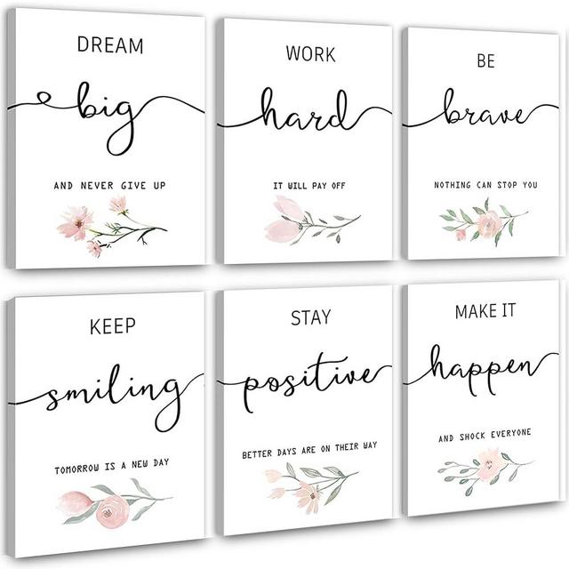 Inspirational Wall Art for Bedroom, Motivational Office Wall Art Decor, Framed Canvas Wall Art for Women, Girls, Positive Affirmations Quotes Prints, Set of 6PCS, 8"x10", FRAMED