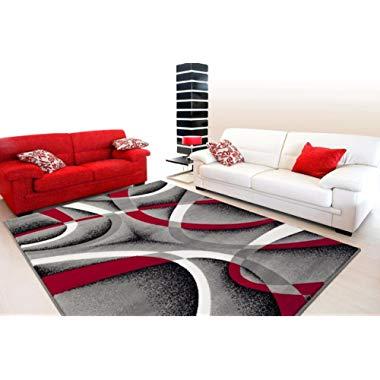 2305 Gray Black Red White Swirls 7'10 x 10'6 Modern Abstract Area Rug Carpet