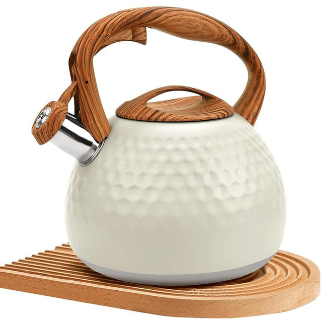 GGC Tea Kettle for Stove Top, Loud Whistling Kettle for Boiling Water Coffee or Milk, 3.1 Quart 3L Heavy Stainless Steel White Kettle with Wood Pattern Handle, Unique Button Control Kettle Outle
