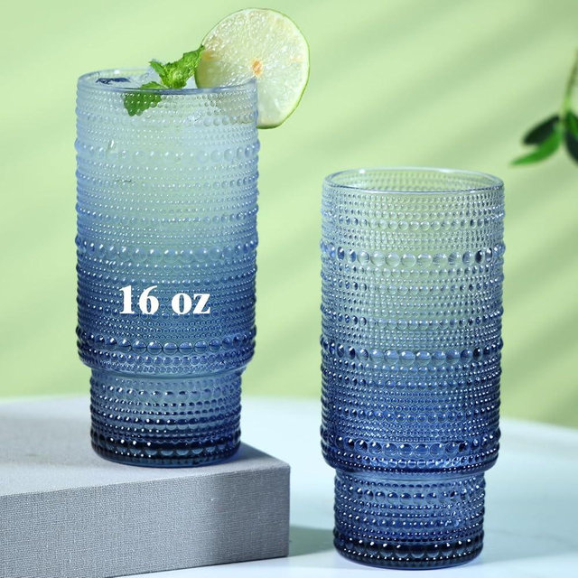 Cowjut 6pcs Hobnail Drinking Glasses Set, 16 oz Vintage Glassware Drinking Glasses, Gradual Gray-blue Water Glasses Tumbler, Cups for Kitchen, Juice, Beer, Cocktail, Whiskey