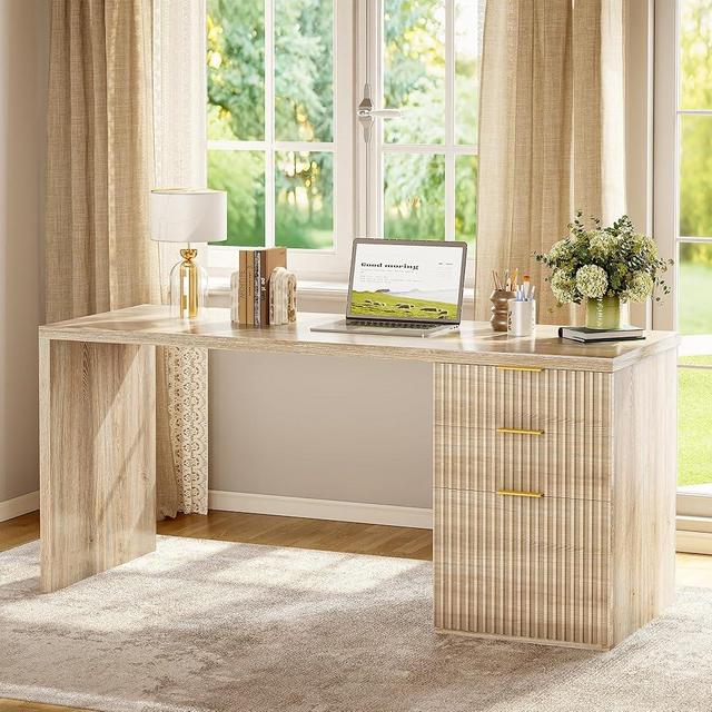 TIQLAB 55” Executive Office Desk with Drawers, Modern Wood Executive Desk with Storage, One-Piece Fluted Computer Writing Desk for Home Office, Study, Living Room, Bedroom, Maple
