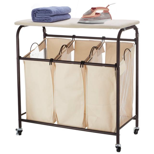 Ollieroo Rolling Laundry Sorter Cart Heavy Duty 3 Bags with Ironing Board