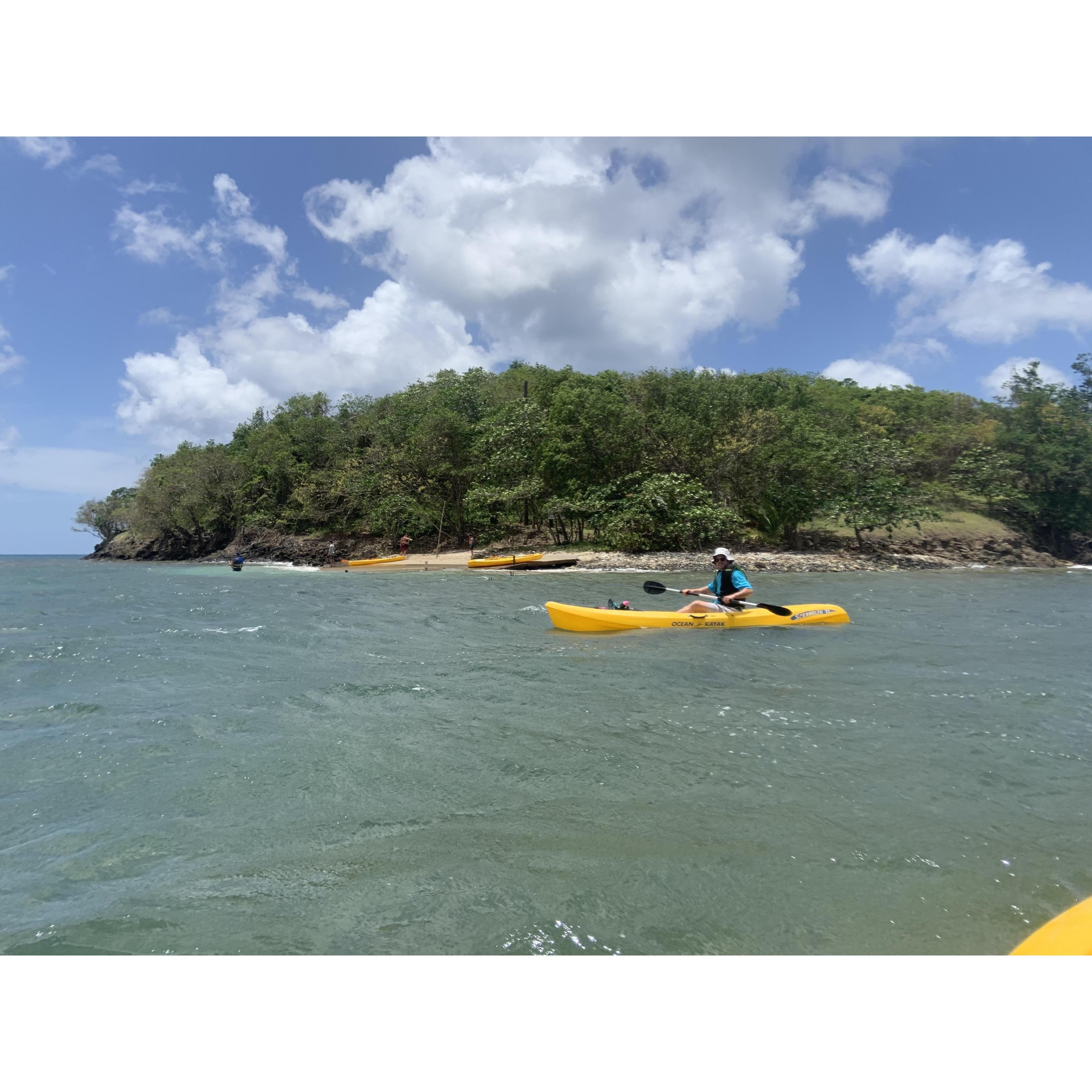 Today, we kayaked to a small island off the shore of our rental with Gina's sister, her fiance, Gina and Ethan and our two boys.
