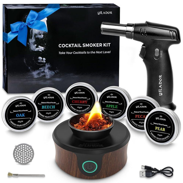 Yilador Electric Cocktails Smoker Kit with Torch, Add More Depth of Flavor, 6 Wood Chips, Whiskey Smoker Infuser Kit for Old Fashioned Bourbon Drinks, Gifts for Men, Fathers, Husband(Without Butane)