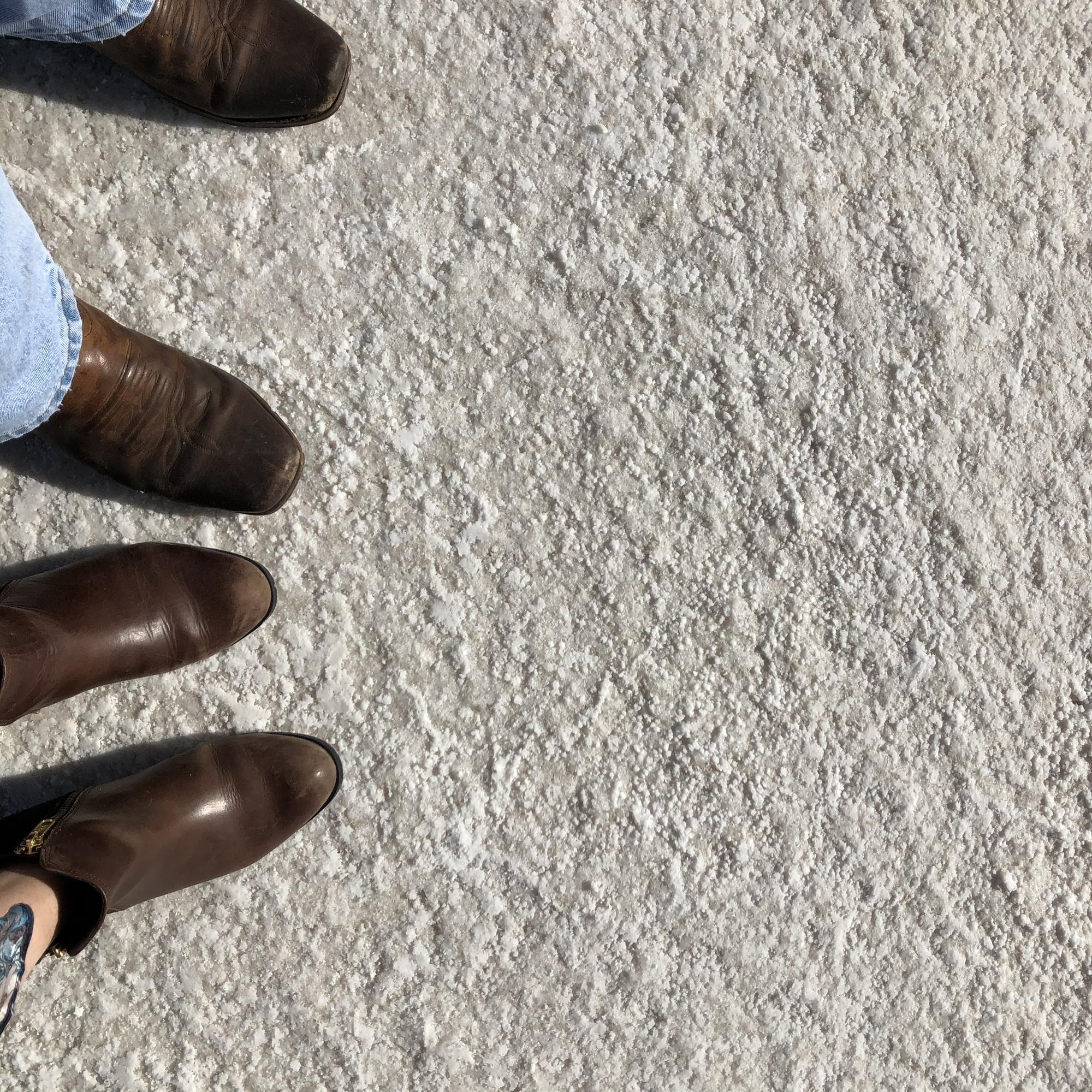 Esteban and Mallory’s boots at the Bonneville Salt Flats in Utah for Mallory’s 26th birthday