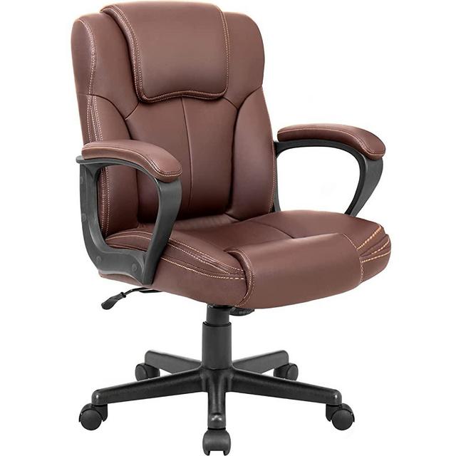 Shahoo Office Chair Swivel Task Seat with Ergonomic Mid-Back, Waist Support, PU Leather, Brown
