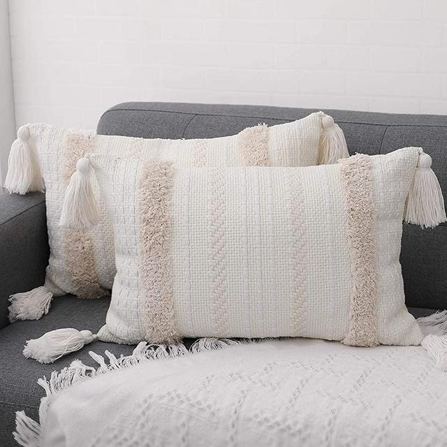 Set of 2 Lumbar Throw Pillow Covers for Couch Sofa, 12 x 20 Inch Hand-Woven Tufted with Tassels Boho Pillows Cover Decorative Bedroom Living Room, Farmhouse Lumbar Pillow Cases (12" x 20")