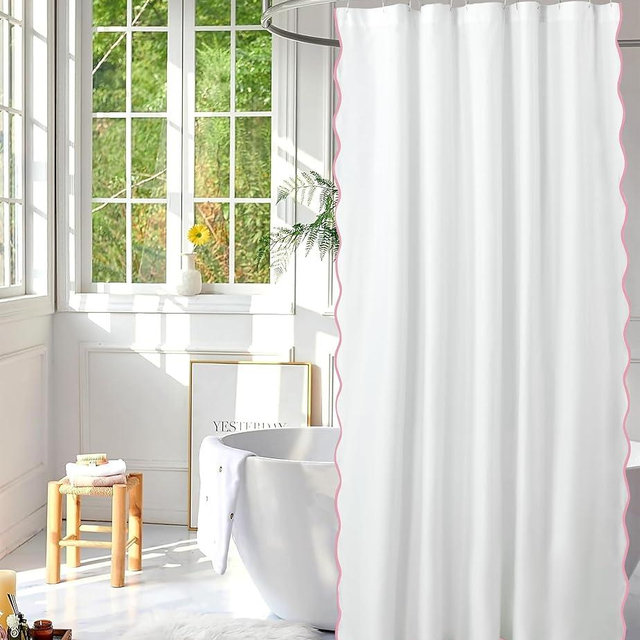 HIG Chic Scallop Edge Shower Curtain – Modern Decorative Coastal Bathroom Curtain for Home Decor, White and Pink Elegant Minimalist Textured Cloth Bath Curtain, 72x72 Inch