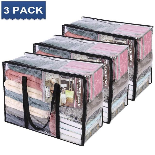 Clear Clothes Storage Bag Organizer with Reinforced Handle, 21.6 X 15.7 X 10 in, Vinyl Storage Bag for Comforter, Blanket, Bedding, Duvet, Transparent Moving Totes with Sturdy Zipper, 3 Pack