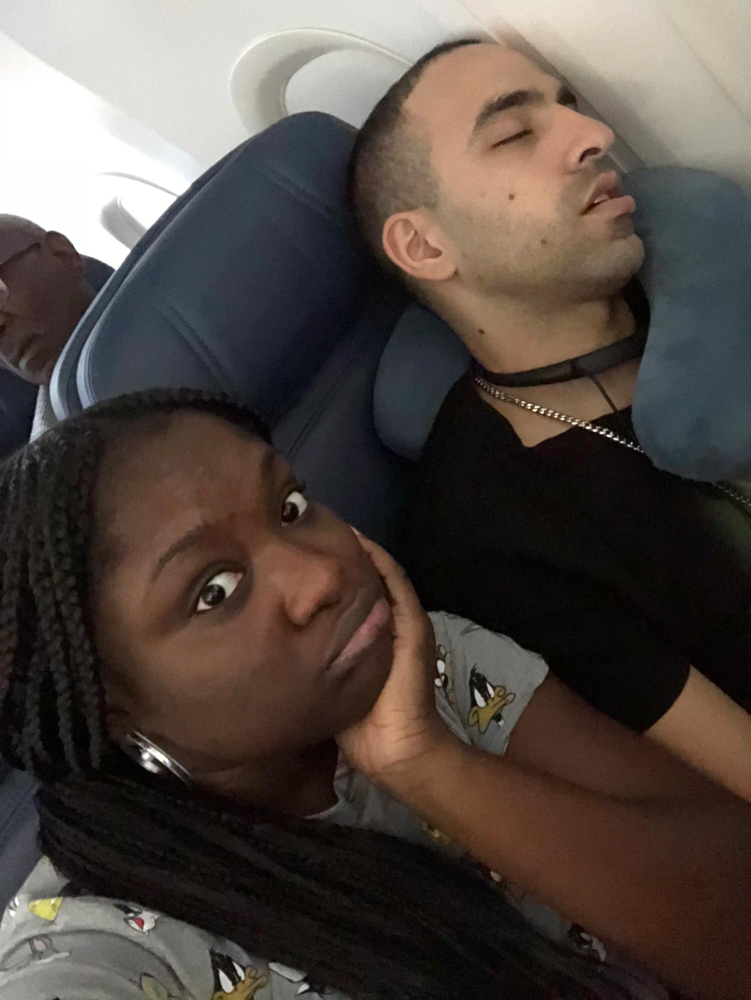 This is honestly Joel 95% of the time. He can fall asleep anywhere. Not kidding, we literally just got on the plane and we didn't even take off yet.