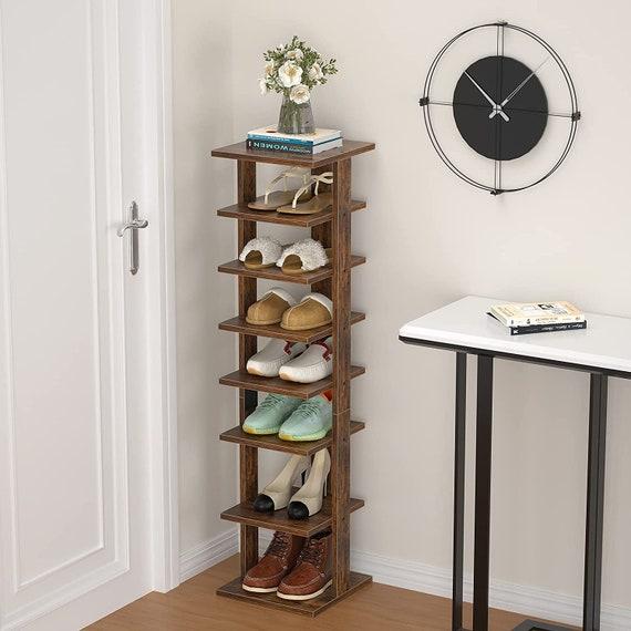 Read the full title Vertical Shoe Rack, 8 Tiers Wooden Shoe Shelf, Narrow Shoe Rack Tall Shoe Rack Organizer, Entryway Shoe Storage Stand for Small Space