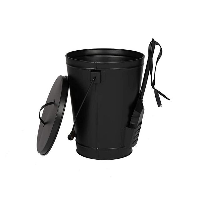 TUFFIOM 5 Gallon Ash Bucket with Shovel & Lid, Indoor & Outdoor Portable Ash Pail Galvanized Wtin Wood Handle Hearth Tools for Fireplace, Fire Pits, Wood Burning Stoves Black