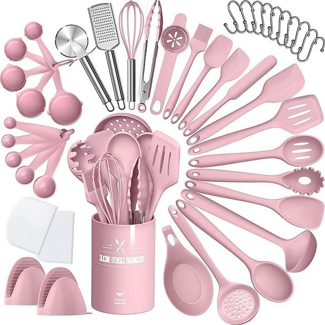 Silicone Cooking Kitchen Utensil Set, AIKKIL 43 Pcs Heat Resistant Cooking Utensils Set, Turner, Tongs, Spoon, Spatula, Kitchen Gadgets Tools Set For Nonstick Cookware, Pink(Dishwasher, BPA Free)