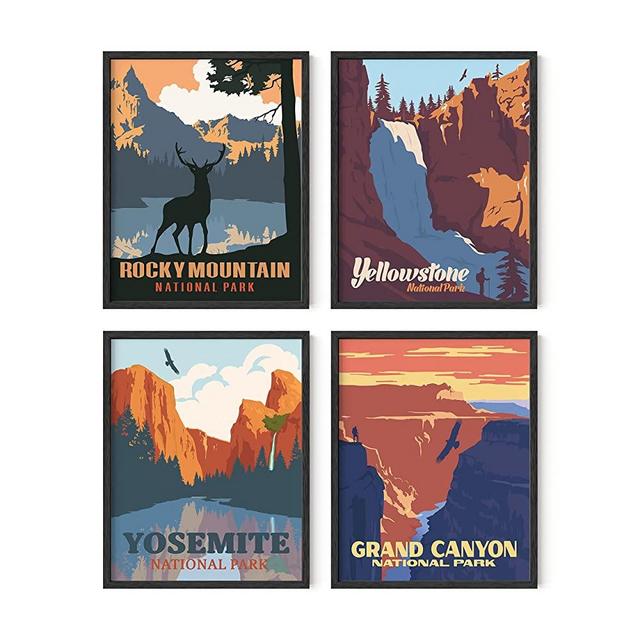 Haus and Hues National Park Framed -Set of 4 Vintage National Park Posters Set, Grand Canyon Art Framed, National Parks Gifts, Yosemite Wall Art Mountain Wall Art Mountain Posters for Walls (11x14, Framed Black)