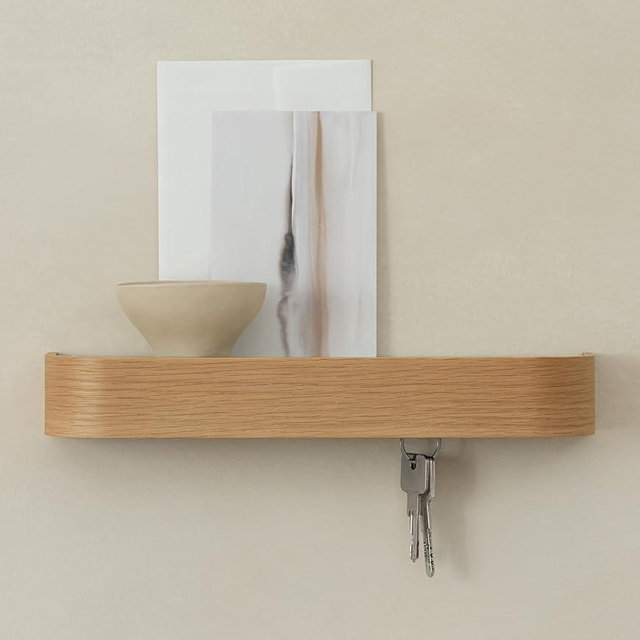 Kazai. Key Holder 'Toke' | Minimalist Key Hook Design from Berlin | Modern Key Holder Wall Mount with Wooden Shelf | Key Rack for Wall as Entryway Organizer | Oak