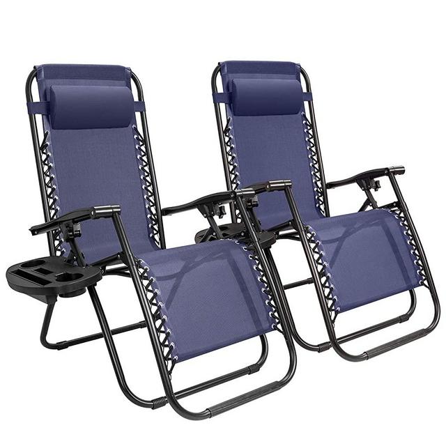 GUNJI Zero Gravity Chair Outdoor Lawn Folding Lounge Chairs Adjustable Reclining Patio Chairs Set of 2 with Cup Holder and Pillow Lounge Gravity Chairs for Poolside, Backyard, Beach and Camping (Blue)