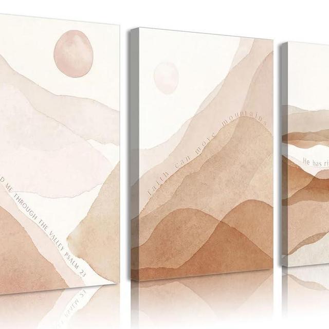 3Pcs Framed Christian Boho Wall Art for Living Room Mid-Century Modern Nordic Print Neutral Scripture Canvas Poster Abstract Sun Mountain Bible Verses Picture Painting Wall Decor for Bedroom 16x24in