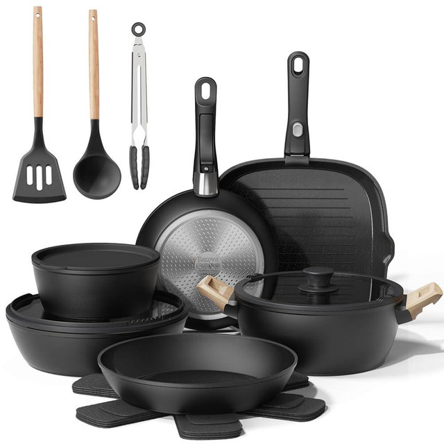 Bazova 19 Pcs Pots and Pans Set Non Stick Ceramic Cookware Set with Removable Handles, Non Toxic Induction Kitchen Cookware Sets RV Cookware,Dishwasher/Oven Safe PFAS/PTFE/PFOA Free,Black