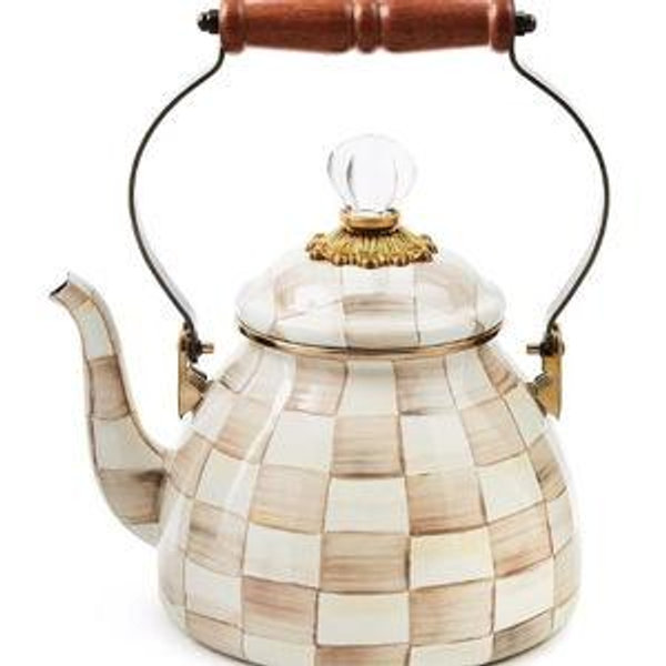 MACKENZIE-CHILDS Enamel Tea Kettle, Stylish Tea Kettle for Stovetop, Mocha Check, 2 Quarts