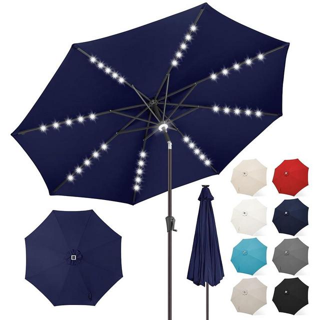 FLAME&SHADE 9 ft Solar Powered Outdoor Market Patio Table Umbrella with LED Lights and Tilt, Navy Blue
