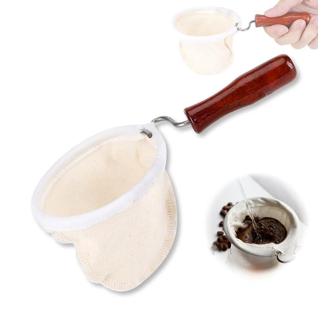 Cloth Coffee Filter More Sense of Ritual Handmade Coffee Filter Preferred Washable Reusable Flannel Cloth Coffee Sock with Wooden Handle Strainer with Wood Handle for Coffee Lover Home Office Use