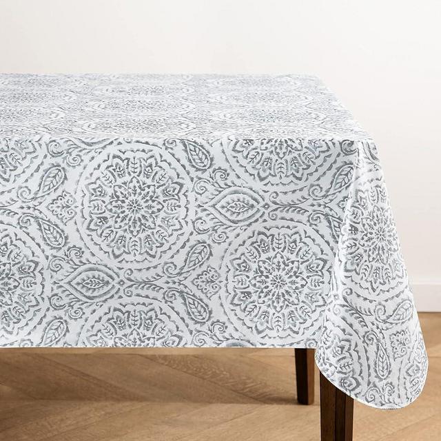 Elrene Home Fashions Savannah Boho Paisley Water- and Stain-Resistant Vinyl Tablecloth with Flannel Backing, 60 Inches X 84 Inches, Rectangle, Gray