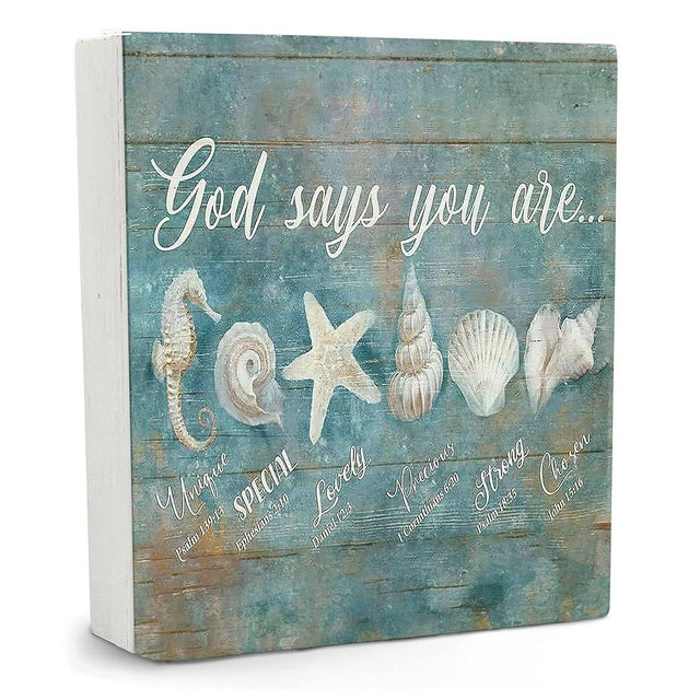 Qvapt God Say You Are Wooden Sign - Beach Decor, Coastal Decor,Ocean Bible Verse Wooden Box Sign 5x5, Beach Rustic Farmhouse Decor