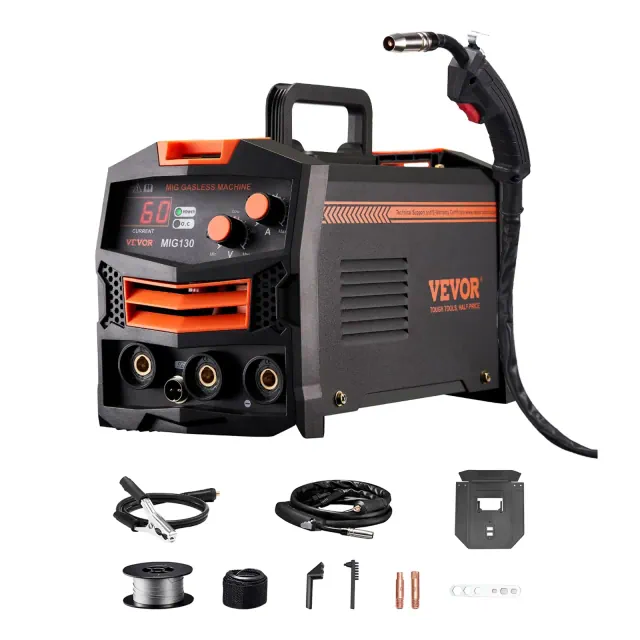 VEVOR MIG Welder, 130Amp Synergic Mig Welding Machine, 110V Gasless Flux Core Welder Machine, Portable Mig Welder with IGBT Inverter Technology,Black