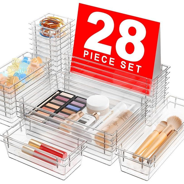 A-LuGei 【28PCS】 Drawer Organizer, Bathroom Organizers and Storage, Makeup organizer, Desk drawer organizer, Storage Bins for Kitchen Office Bedroom Vanity Jewelry Pantry Garage【Clear】【4Size】