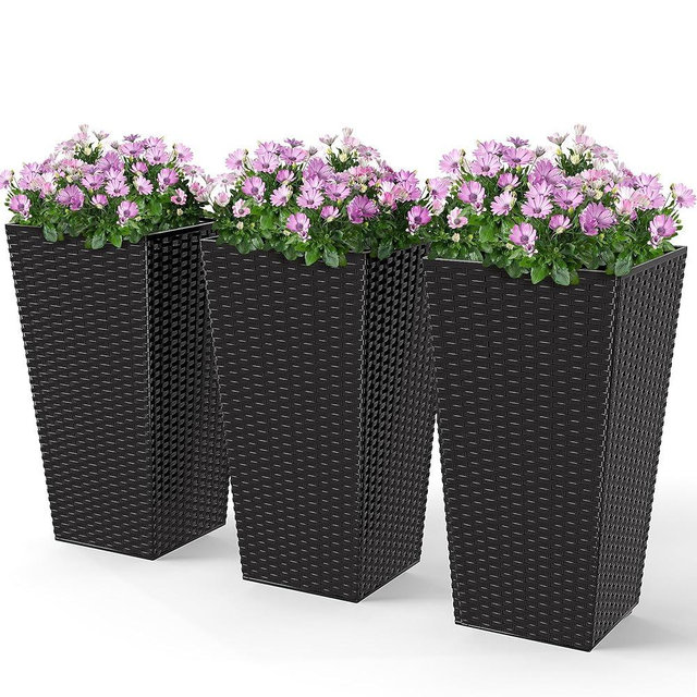 Outsunny Tall Planters for Outdoor Plants Set of 3, 24 in Taper Planters with Drainage Holes, Rattan Decor Plant Pots for Indoor Outdoor Front Porch Patio Backyard, Black