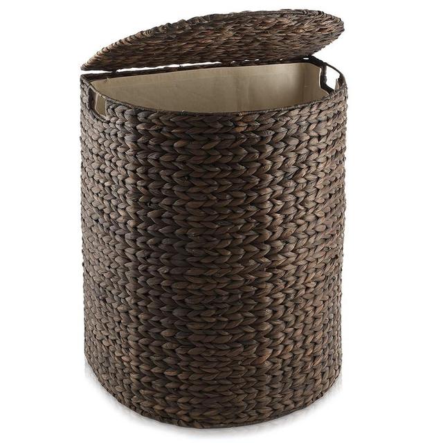 Casafield Half Moon Laundry Hamper with Lid and Removable Liner Bag - Espresso, Woven Water Hyacinth Laundry Basket for Clothes and Towels