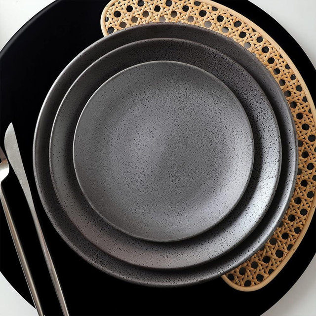Stone + Lain Valencia Porcelain 32-Piece Round Dinnerware Set, Metallic Grey