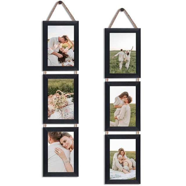 QUTREY 4x6 Collage Picture Frames Black, 3 Openings Vertical Hanging Photo Frame Set Display 4 by 6 inch Pictures for Wall Decor, 2 Pack