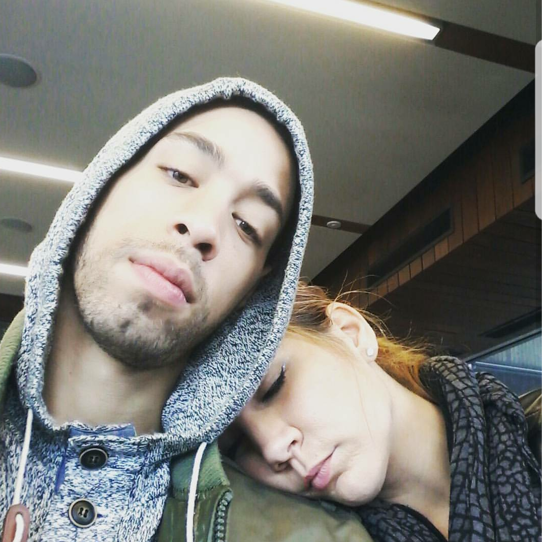After a long trip together, I was tired waiting for the bus and Cody got me slacking.
