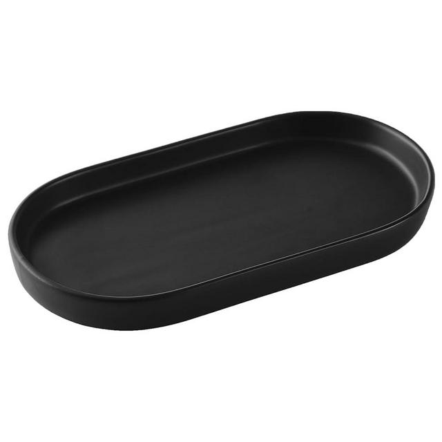 Eyrozia Matte Black Round Soap Dispenser Tray - 8'' Ceramic Vanity Tray for Bathroom Decorative, Jewelry Ring Dish, Comestic Holder, Kitchen Sink Countertop Organizer Plate