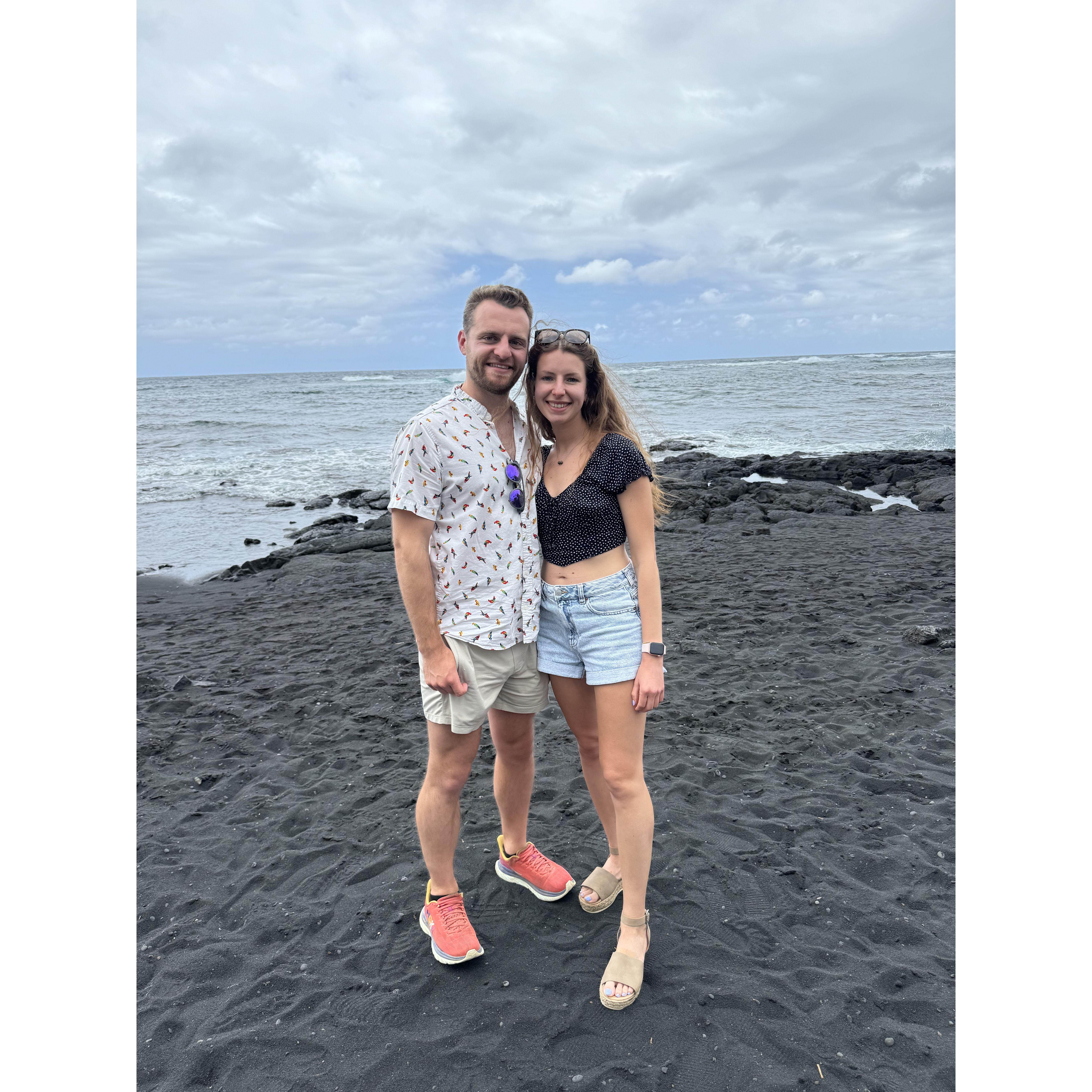 Visiting the black sand beach on the Big Island of Hawaii.