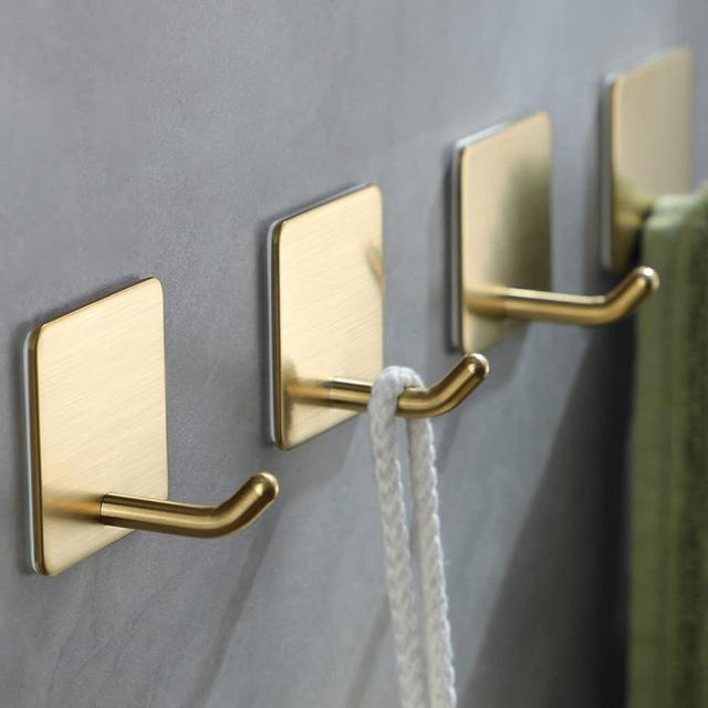 YIGII Adhesive Towel Hooks/Bathroom Hook, Gold Self Adhesive Hooks Heavy Duty Coat Hooks 4-Packs, Non-Punching for Hanging Robes Clothes Hats Stick on Kitchen Bedroom Wall Door, Stainless Steel