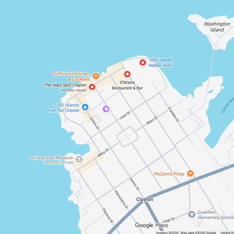 Clayton, NY Map - 1. Night Before (Hop Spot), 2. Reception (1000 Islands Harbor Hotel), 3. After Party (O'Brien's) Venues