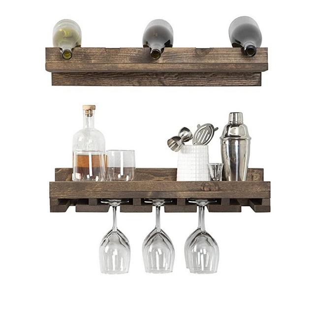 Del Hutson Designs Rustic Handmade Wall Mounted Two Tiered Solid Wood Wine Rack for Bottle, Glass, Stemware Set of 2 (24 Inch, Dark Walnut)