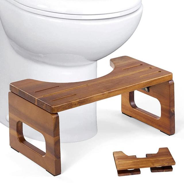 BLUEWEST Foldable Toilet Stool, Acacia Wood Poop Stool for Potty Training, 7 Inch Collapsible Bathroom Stool, Folding Squatty Potty Stool for Adults with Non-Slip