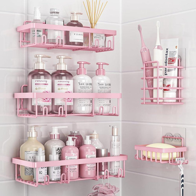 Liuoud Shower Caddy 5 Pack, Bathroom Shower Organizer Rack for Inside Shower, Adhesive Shower Shelf, Shampoo Holder, Shower Basket, Metal Wall Storage, Pink