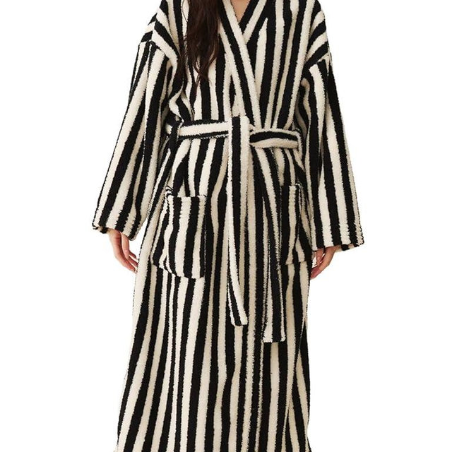 Arssm Womens Striped Fluffy Robe Long Plush Bathrobes Fuzzy Warm Cozy Thick Loungewear Maxi Robe