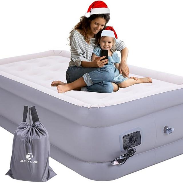 ALPHA CAMP 19” Twin Size Air Mattress with Built-in Pump, Double Height Inflatable Airbed Blow Up Mattress with Soft Plush Top, Airbed for Home Guests Portable Camping Travel