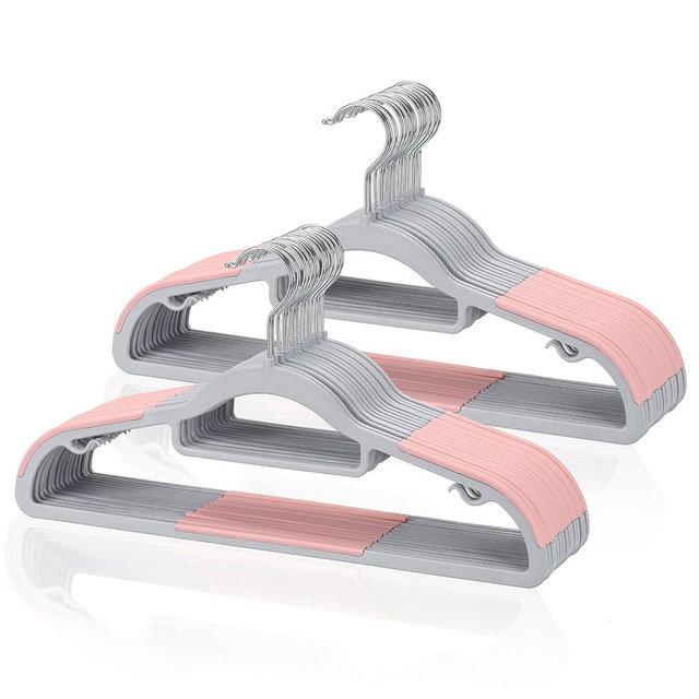 Tonswachic Pack of 30 Coat Hangers, Space-Saving Plastic Clothes Hangers, Non-Slip, 0.2 Inches Slim, 360° Swivel Silver Hook for Shirts, Pants, Suit & Wet/Dry Garments, Pink and Dark Gray